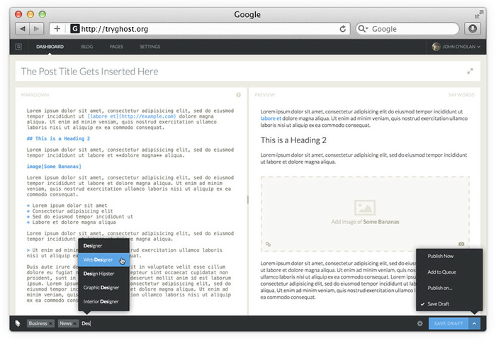 The Ghost markdown editor with preview to the right